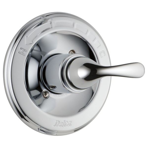 Chrome shower valve trim with single lever handle and circular escutcheon plate.