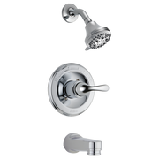 Chrome tub and shower trim with showerhead, lever handle valve, and pull-down tub spout.