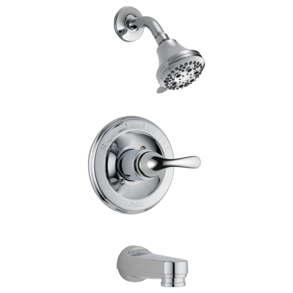 Chrome tub and shower trim with showerhead, lever handle valve, and pull-down tub spout.