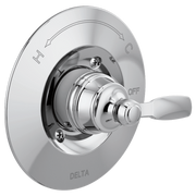 Chrome shower valve trim with single lever handle, circular escutcheon plate, and hot/cold water indicators.