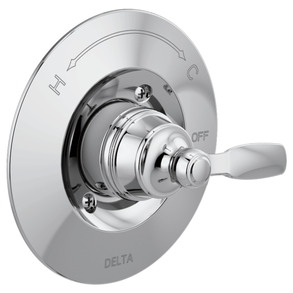 Chrome shower valve trim with single lever handle, circular escutcheon plate, and hot/cold water indicators.