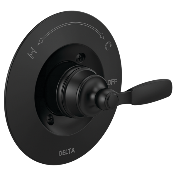 Black Delta Woodhurst valve trim with single lever handle, temperature markings, and circular escutcheon plate.