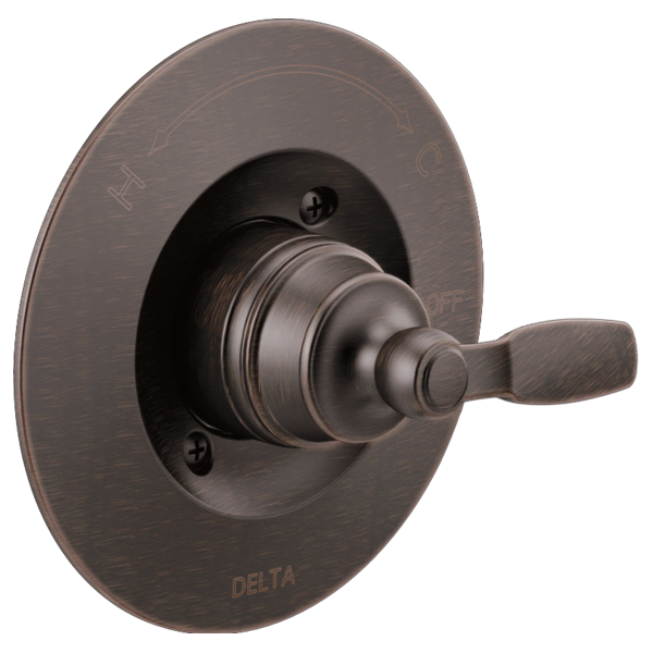 Oil-rubbed bronze shower valve trim with single lever handle and circular escutcheon plate.