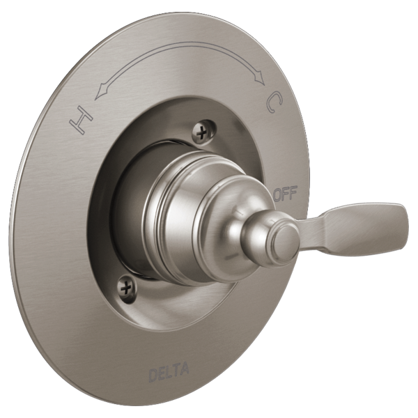 Brushed nickel valve trim with single lever handle, circular escutcheon plate, and hot/cold markings.