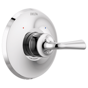 Delta Kayra Monitor 14 Series valve trim with white round escutcheon, chrome lever handle, and red and blue temperature indic