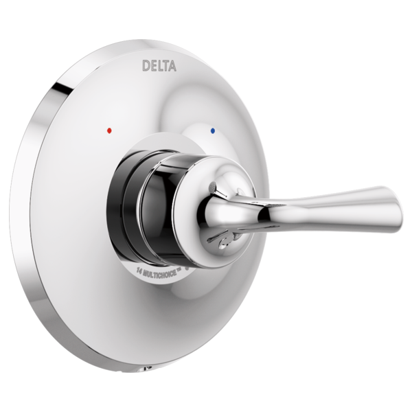 Delta Kayra Monitor 14 Series valve trim with white round escutcheon, chrome lever handle, and red and blue temperature indic