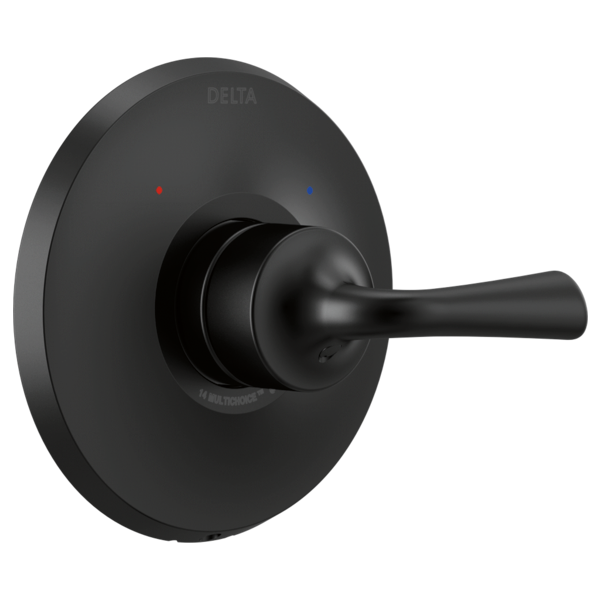 Black matte Delta monitor valve trim with single lever handle and temperature indicator dots on circular escutcheon plate.