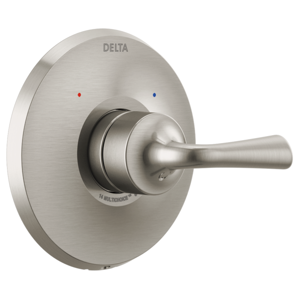 Brushed nickel Delta Kayra Monitor 14 valve trim with single lever handle and temperature indicator dots.
