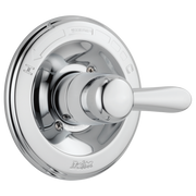 Chrome shower valve trim with single lever handle and circular trim plate featuring temperature dial markings.