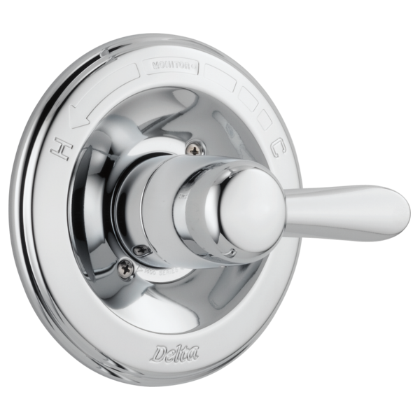 Chrome shower valve trim with single lever handle and circular trim plate featuring temperature dial markings.