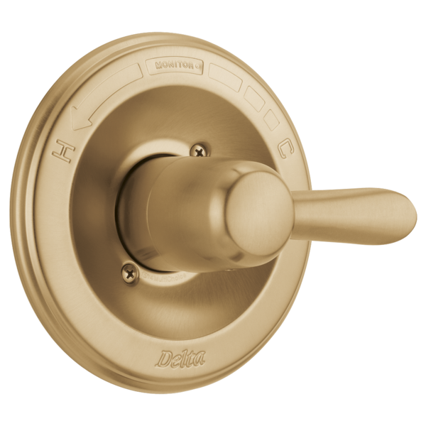 Champagne bronze round valve trim with single lever handle and monitor marking on circular escutcheon plate.