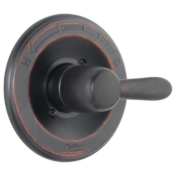 Delta Lahara Monitor 14 Series valve trim in oil-rubbed bronze with single lever handle and circular escutcheon plate.