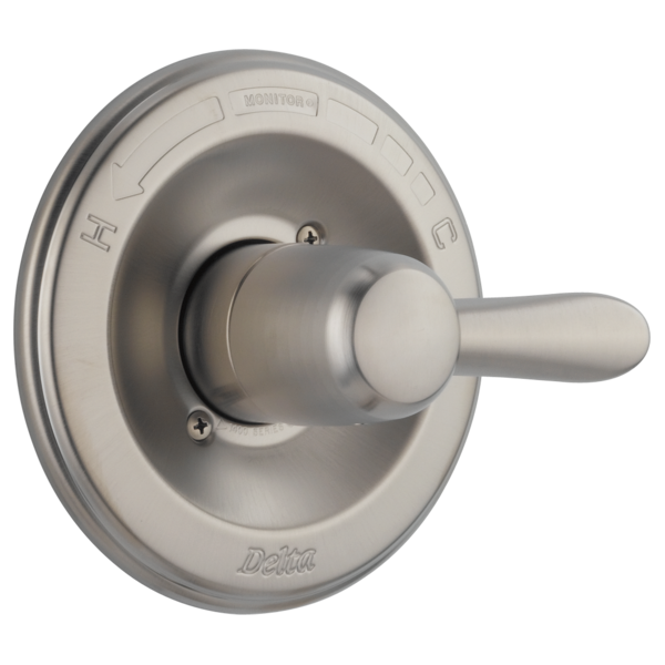 Brushed nickel Delta Lahara shower valve trim with round escutcheon plate and single lever handle.
