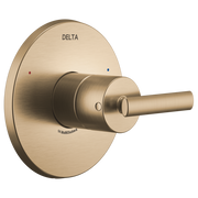 Champagne bronze shower valve trim with round backplate, lever handle, and temperature indicator dots.