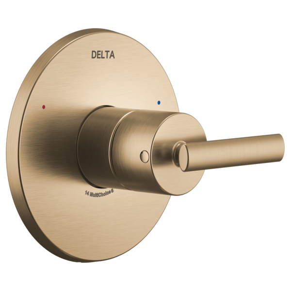 Champagne bronze shower valve trim with round backplate, lever handle, and temperature indicator dots.