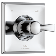 Chrome shower valve trim with single lever handle, white square trim plate, and hot/cold indicator markings.
