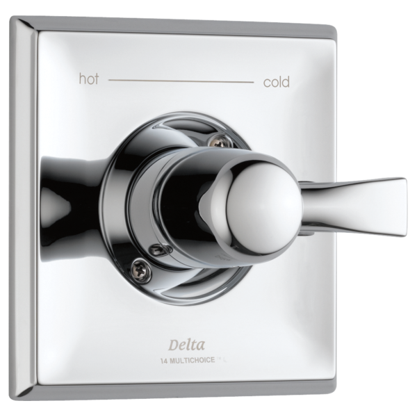 Chrome shower valve trim with single lever handle, white square trim plate, and hot/cold indicator markings.