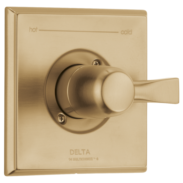 Champagne bronze square valve trim with single lever handle and hot/cold temperature markings.