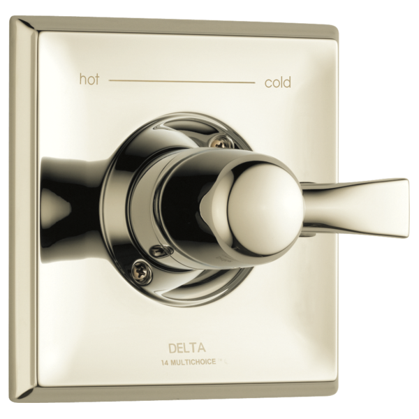Polished nickel shower valve trim with single lever handle and hot/cold indicator markings on square escutcheon plate.