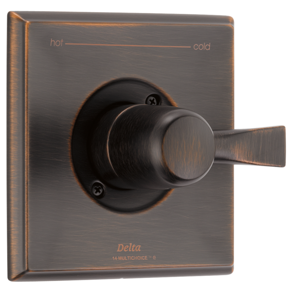 Delta Dryden monitor valve trim in oil-rubbed bronze with single lever handle and hot/cold indicator markings.