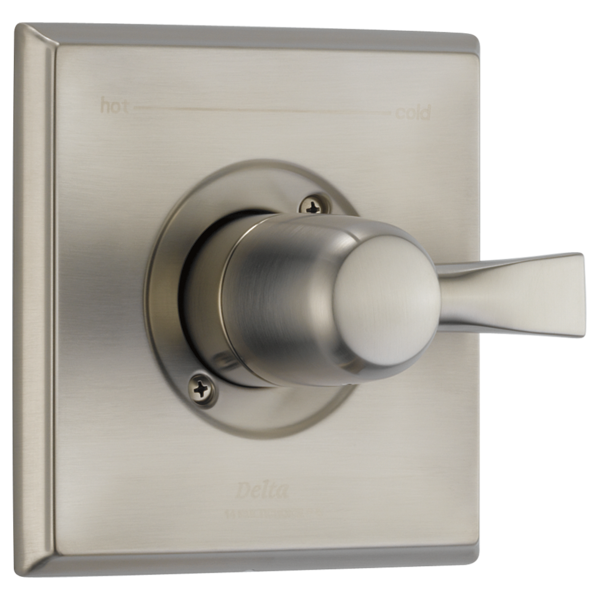 Brushed nickel single-lever shower valve trim with square escutcheon plate and lever handle.