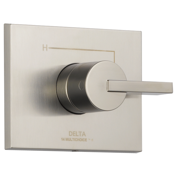 Delta Vero Monitor 14 Series valve trim with round handle and square beige escutcheon plate.