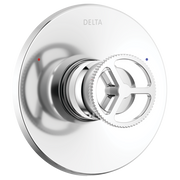 Chrome shower valve trim with circular escutcheon plate, wheel handle, and red and blue temperature indicator dots.