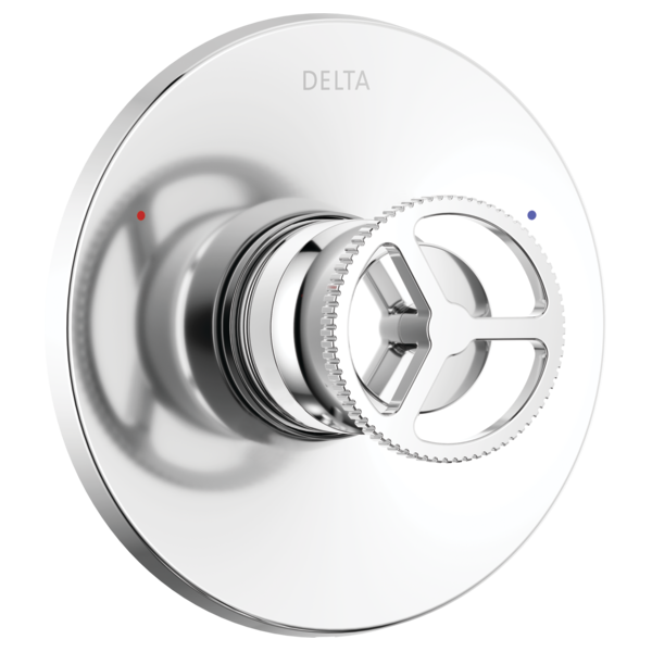 Chrome shower valve trim with circular escutcheon plate, wheel handle, and red and blue temperature indicator dots.