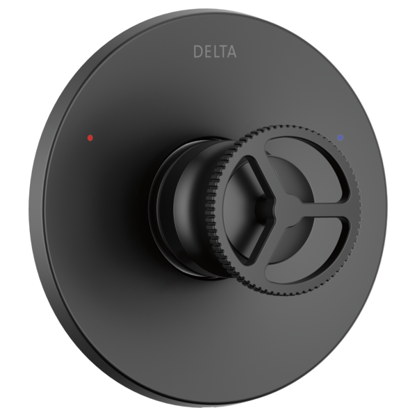 Delta Trinsic shower valve trim with round escutcheon plate and three-spoke wheel handle in matte black finish.