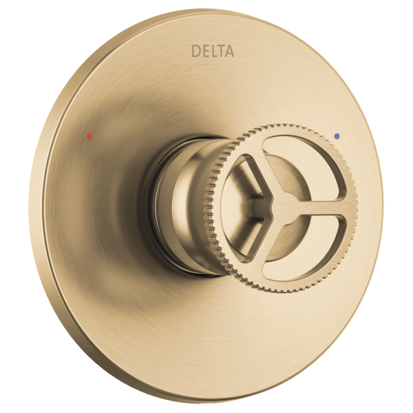 Champagne bronze circular valve trim with wheel handle and temperature indicator dots for Delta Trinsic monitor.