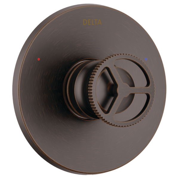 Bronze round valve trim with Delta branding and wheel handle control, featuring temperature indicator dots.