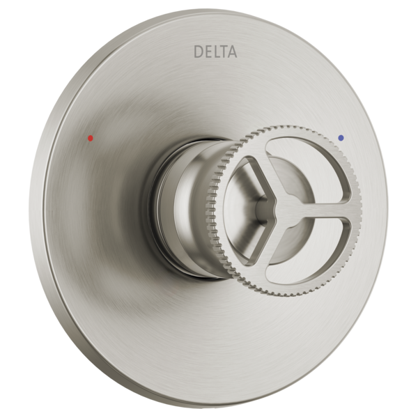 Brushed nickel round valve trim with white wheel handle, red and blue indicator dots, Delta branding visible.