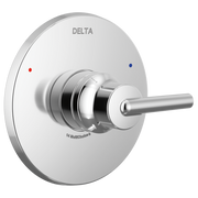 Chrome shower valve trim with round escutcheon plate, lever handle, and red and blue indicator dots.