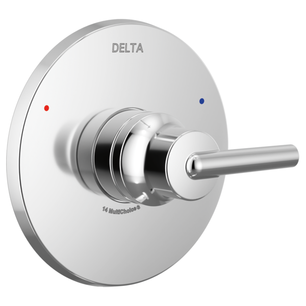 Chrome shower valve trim with round escutcheon plate, lever handle, and red and blue indicator dots.