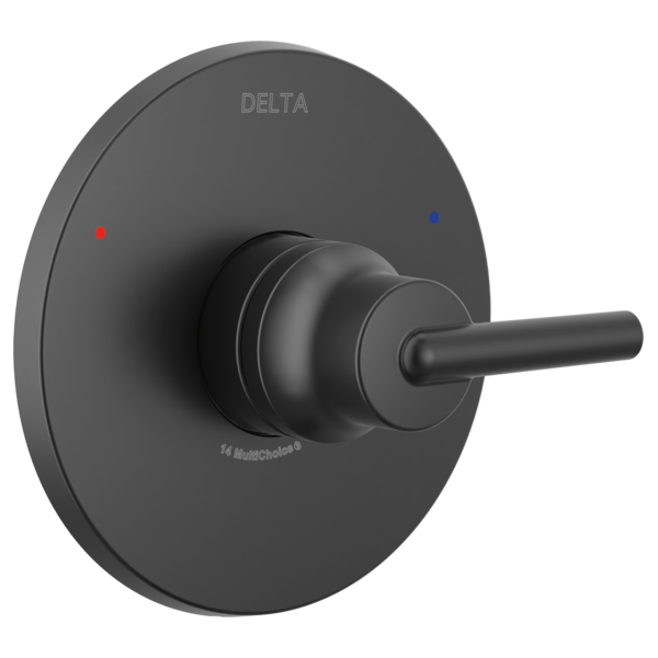 Delta Trinsic matte black monitor valve trim with lever handle and circular escutcheon plate.
