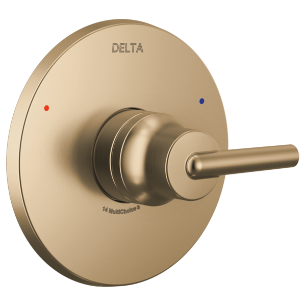 Brushed champagne bronze circular valve trim with lever handle, red and blue indicator dots, and Delta branding.