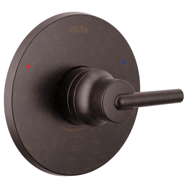 Delta Trinsic Monitor 14 Series valve trim with round escutcheon plate and lever handle in oil-rubbed bronze finish.
