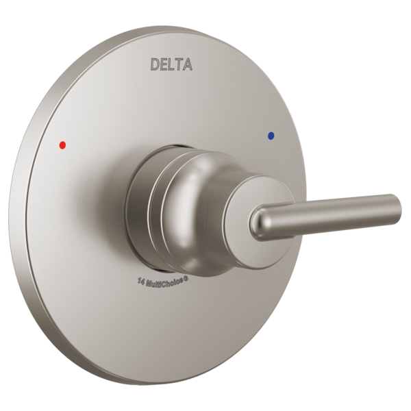 Brushed nickel Delta valve trim with round escutcheon, lever handle, and red and blue indicator dots.
