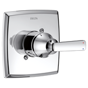Chrome Delta monitor valve trim with white square escutcheon plate and single lever handle.