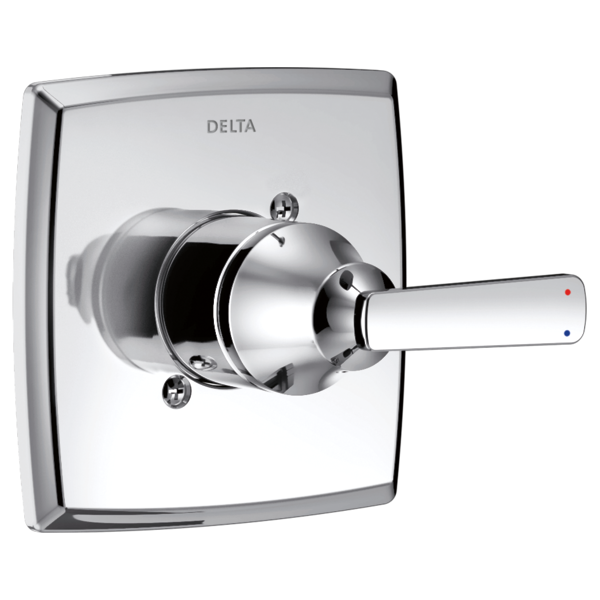 Chrome Delta monitor valve trim with white square escutcheon plate and single lever handle.