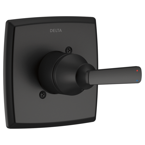 Black Delta Ashlyn Monitor 14 Series valve trim with square plate, round handle, and red temperature indicator dot.