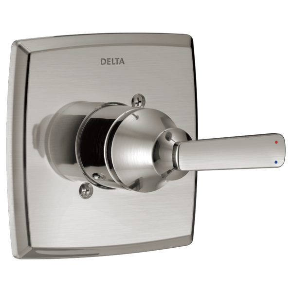 Brushed nickel Delta Ashlyn monitor valve trim with square escutcheon plate and single lever handle.