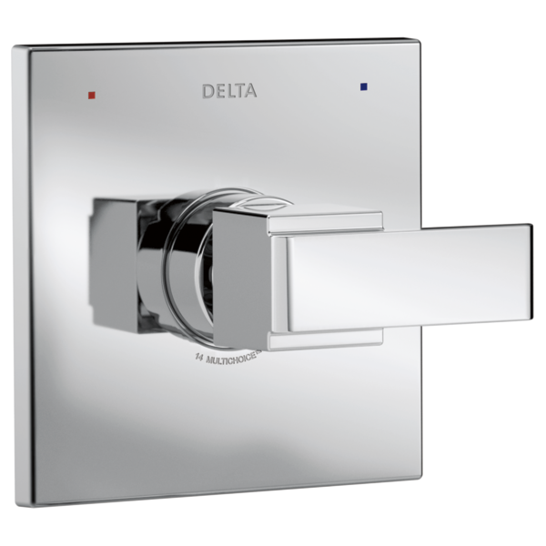 Delta Ara chrome square trim valve with lever handle and temperature indicator dots on brushed metal plate.
