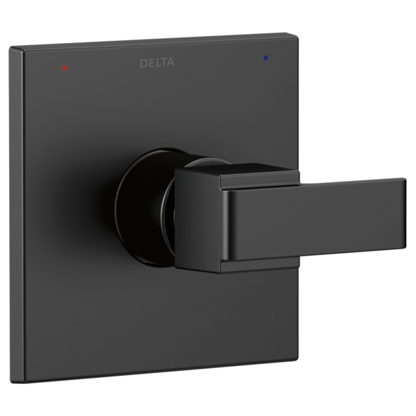 Black square trim valve with rectangular lever handle and temperature indicator dots on face plate.