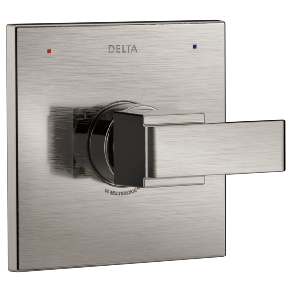 Brushed stainless steel square trim valve with black lever handle and colored indicator dots for hot and cold water.