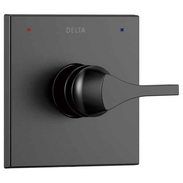 Black Delta Zura Monitor valve trim with single lever handle on gray square escutcheon plate.