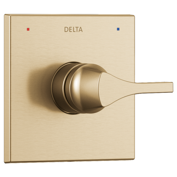 Delta Zura Monitor 14 Series valve trim with brushed champagne bronze finish and single lever handle on square plate.