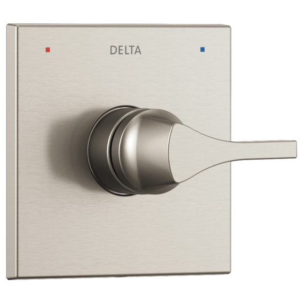 Brushed nickel Delta Zura Monitor 14 Series valve trim with single lever handle and red and blue indicator dots.