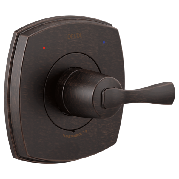 Dark bronze Delta Stryke valve with lever handle, temperature indicator dots, and square escutcheon plate.