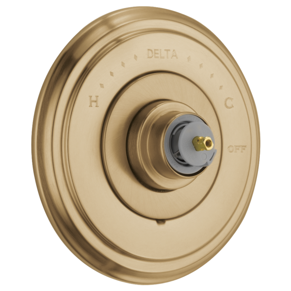 Delta Cassidy Monitor 14 Series valve trim in champagne bronze with temperature control dial and brass valve outlet.